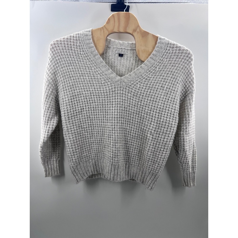 American Eagle Womens V-Neck Waffle Knit Sweater Gray Marl Size Medium Relaxed